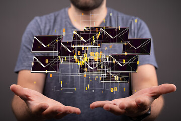 Approved email and spam message displayed on a futuristic interface