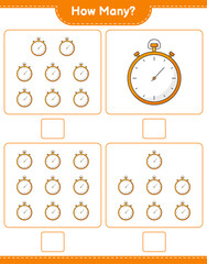 Counting game, how many Stopwatch. Educational children game, printable worksheet, vector illustration