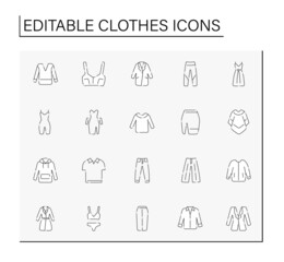 Clothes line icons set. Trendy outfit. Fashionable clothing. Shopping concept. Isolated vector illustrations. Editable stroke
