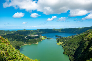Fototapeta na wymiar Sao Miguel, pictures of volcanic lakes, wild tropical forest, lots of greenery