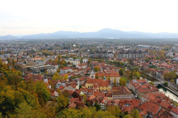 Fototapeta na wymiar Aerial view of central Ljubljana, Slovenia during autumn.