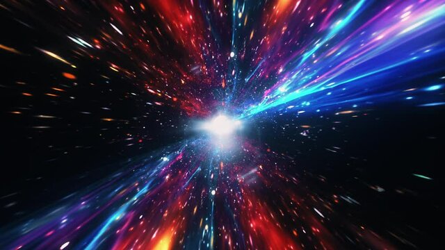Abstract Interstellar flight, time travel jump in red blue hyper space burst warp.4K 3D Seamless Loop Hyper Tunnel or Wormhole Science Digital Background. Singularity, gravitational waves and spacetim