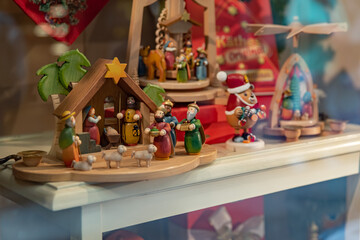 Traditional wooden Christmas toys on the showcase