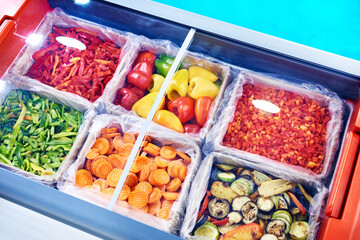 Frozen vegetables in freezer in store