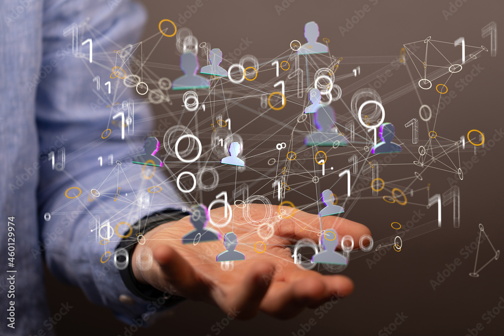 Poster businessman using data network with his fingers