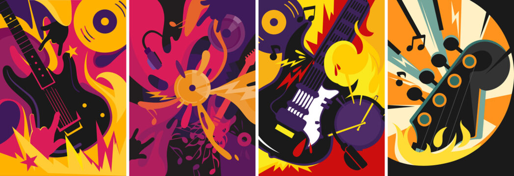 Collection of rock music posters. Placard designs in abstract style.