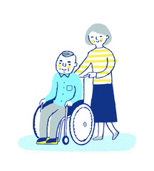 車椅子のシニア男性とシニア女性