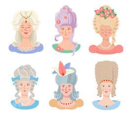 Set of beautiful women with historical wigs.
