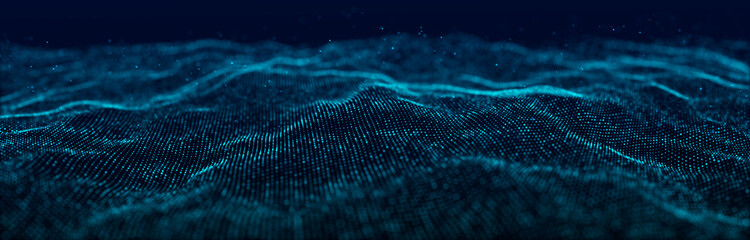 Dynamic blue particle wave. Futuristic point wave. Flow digital structure. Data technology background. 3D rendering.