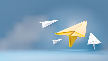 3d yellow paper plane with white paper plane on blue sky background. 3D illustration rendering.