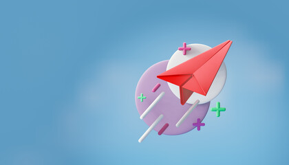 3d red paper plane with circle modern graphic on blue sky background. 3D illustration rendering.
