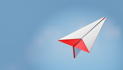 3d red white paper plane  on blue sky background. 3D illustration rendering.