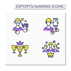 Esports color icons set. Virtual reality goggles, wireless headphones, team gaming, champion golden cup. Gaming concept. Isolated vector illustrations