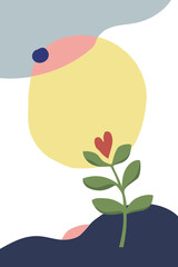 Modern minimalist abstract art print. Poster with sprout of love.  Decorative background with plant and natural abstract shape. Printable minimal wall art. Vector illustration in flat cartoon style.