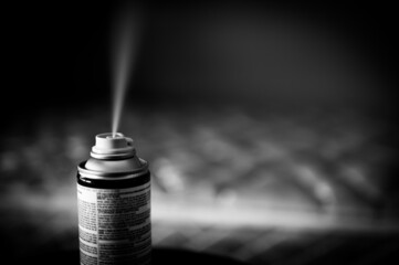 Selective focus on insect insecticide aerosol can fogger used to kill bed bugs, spiders, mites,...