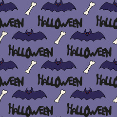 Seamless pattern with text Halloween, bat and bones on violet background. Vector image.