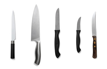 Various Steel Knives isolated on White Background.