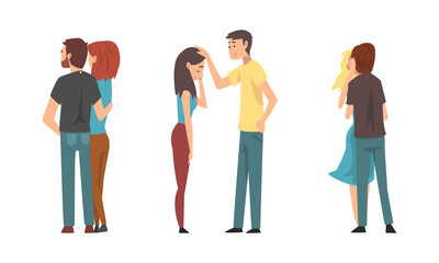 Obraz premium Young Male and Female Couple Embracing and Kissing Feeling Love and Affection Vector Set