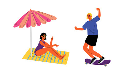 Young Man and Woman at Seaside Sunbathing on Blanket and Riding Skateboard Enjoying Hot Summer Vector Set