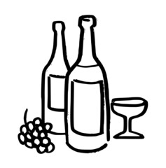 Wine bottles, glass and grapes icon, symbol. Hand drawn ink strokes style vector illustration isolated on white background.