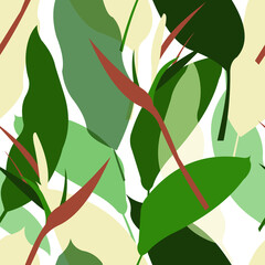 Heliconia and tropical leaves. Seamless fashionable pattern for print on modern fabrics, decorative pillows. Vector.