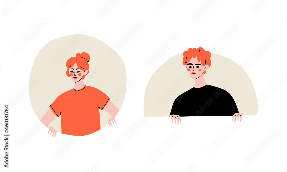 Sticker Young Redhead Man and Woman Looking Out of Window Vector Set