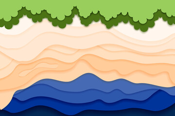 Paper cut river and fish.Top view of the water stream and shore .Nature and environment conservation creative idea concept.Vector illustration.