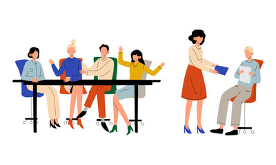 Obraz premium Man and Woman Office Worker Sitting at Desk and Discussing Business Vector Set