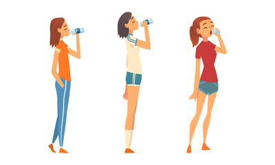 People Character Standing and Drinking Water from Plastic Bottle and Glass Vector Set