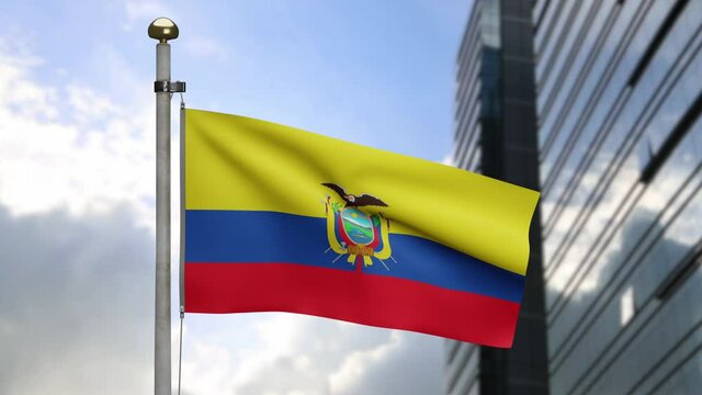 3D, Ecuadorian flag waving on wind with modern skyscraper city. Ecuador banner blowing, soft and smooth silk. Cloth fabric texture ensign background. National day and country occasions concept.