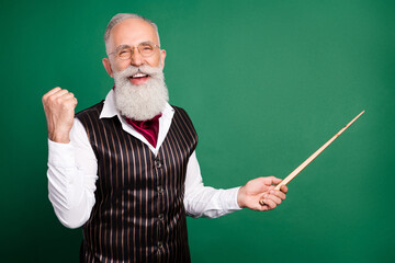 Photo of astonished old man winner mood pointer show blank space wear specs striped suit scarf on...
