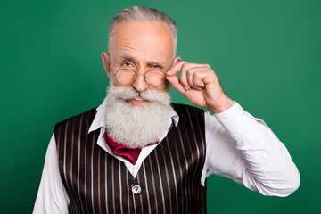 Photo of positive charismatic well-dressed bearded professor wear eyewear striped suit scarf on...