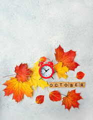 Alarm clock, autumn maple leaves and letter 