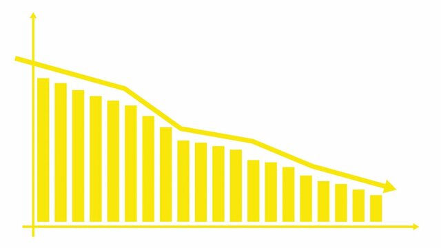 Animated yellow chart of financial decline with a trend line chart. Economic crisis, recession, decrease graph. Bar chart. Profit down. Vector illustration isolated on white background.