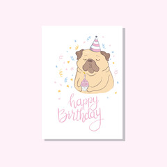 Colorful vector illustration of a cute pug wearing heart-shaped sunglasses with a message below. Romantic concept for Valentine's Day. Banner, postcard or a poster design in modern flat style.