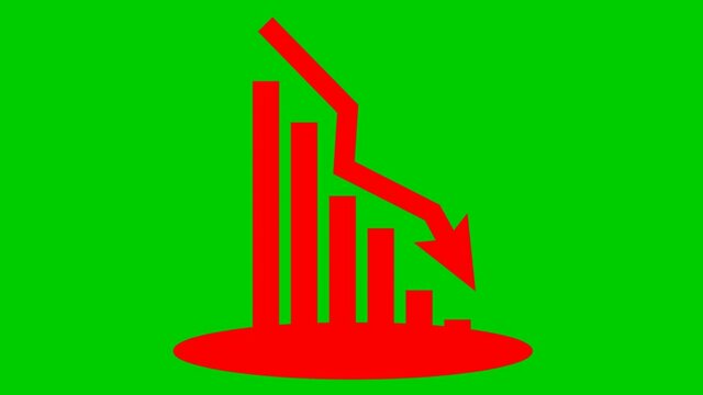 Animated red chart of financial decline with a trend line chart. Economic crisis, recession, decrease graph. Bar chart. Profit down. Vector illustration isolated on green background.