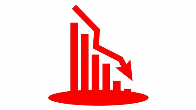 Animated red chart of financial decline with a trend line chart. Economic crisis, recession, decrease graph. Bar chart. Profit down. Vector illustration isolated on white background.