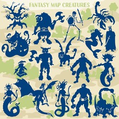 Fantasy and mythological monster creatures in silhouette illustrations for dungeon map builders 2 © QatlasMap