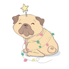 Fototapeta premium Cute puppy pug on a white background wants to play, vector card