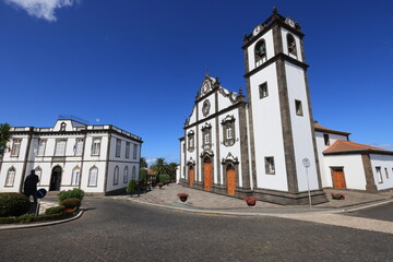 Fototapeta na wymiar The Republic Square with the Sao Jorge church in Nordeste, Sao Miguel island, Azores