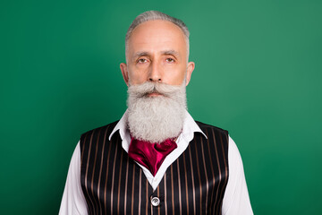 Photo of aged handsome man serious confident classy outfit rich isolated over green color background