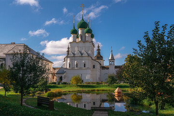 View of the Church of St. John the Evangelist from the pond in the Vladychy Dvor of the Rostov...