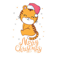Vector pretty tiger - santa claus with a red hat.