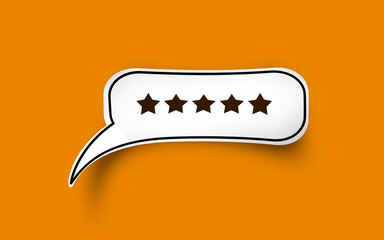 Five Star In Horizontal Speech Bubble On Orange Background. 5 Stars Rating and Customer Review concept. Paper Speech bubble with 3d Drop shadow 