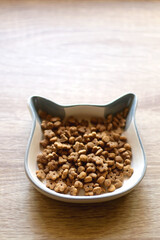 Cat shaped bowl filled with dry cat food. Selective focus.