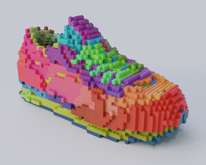 3D Rendering of colourful sports shoe made out of toy bricks. - 460138387