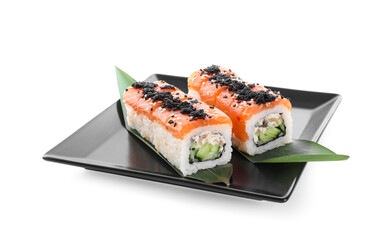 Plate with delicious sushi rolls on white background
