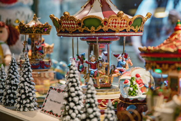 Naklejka premium Traditional wooden Christmas toys on the showcase