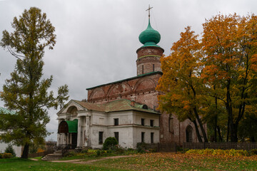 View of the Cathedral of Boris and Gleb on the territory of the male Orthodox Borisoglebsky on the mouth Rostov Monastery in the village of Borisoglebsky on a cloudy autumn day, Rostov the Great