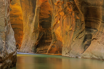 Landscape of the Virgin River Narrows, captured with motion blur, Zion National Park, Utah, USA